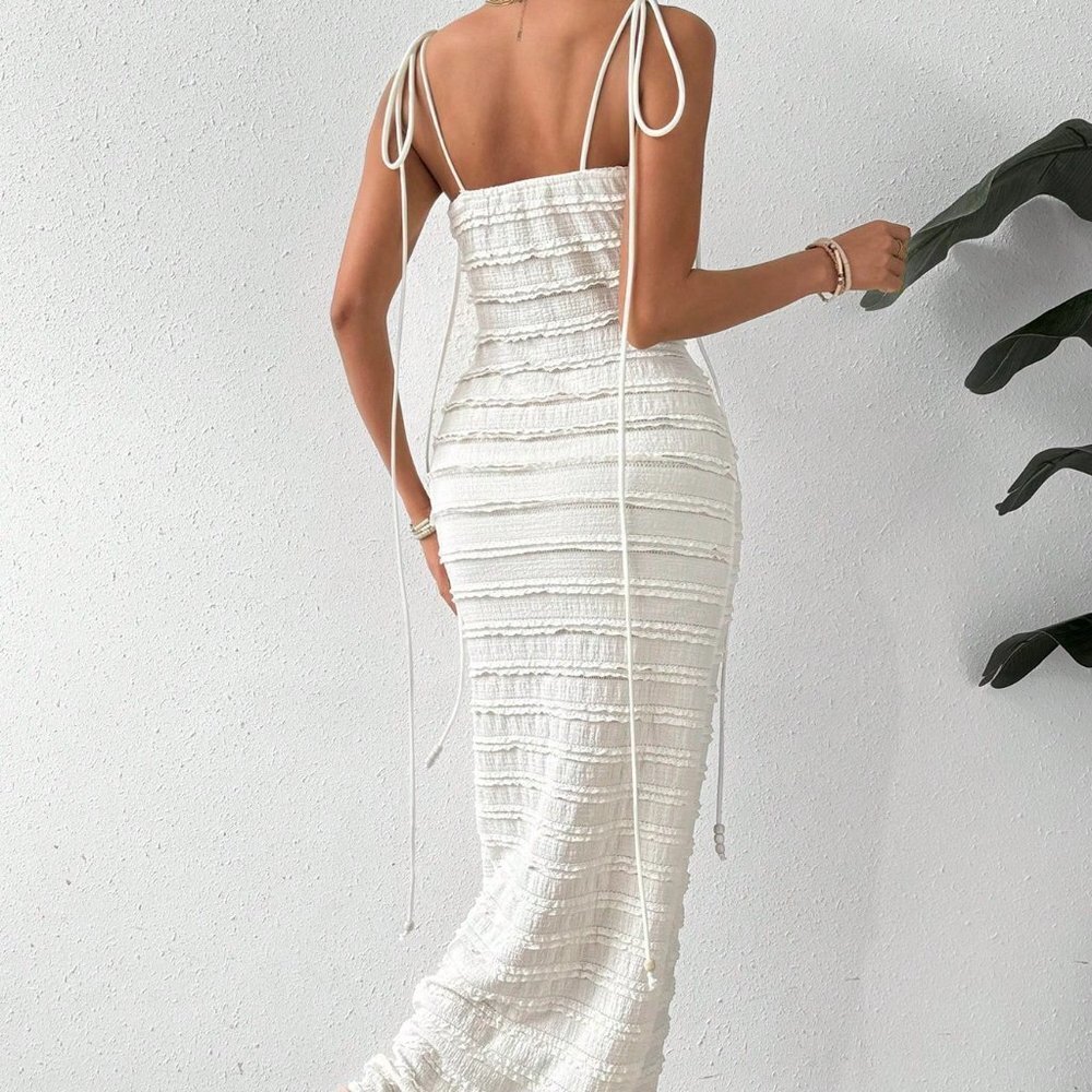 White Boho Womens Knotted Shoulder Cami Bodycon Dress - Picture 2 of 5